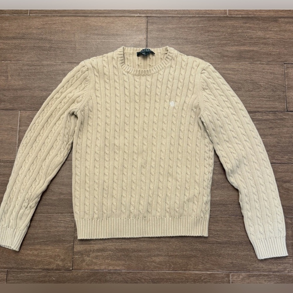 Lauren Ralph Lauren Womens L Cable Knit Sweater Cream Neutral Beige 100% Cotton